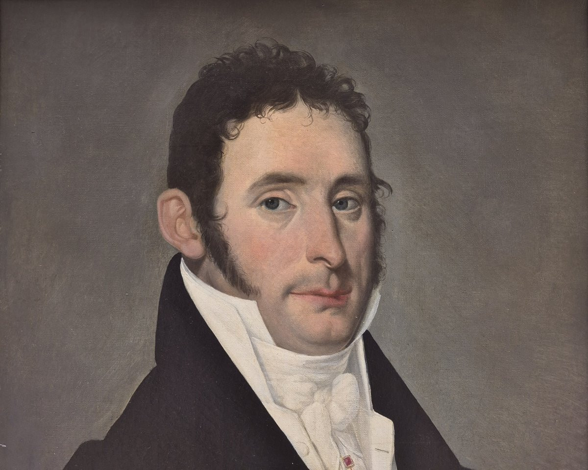 Ecole Française début XIXème siècle, Portrait d'homme à l'épingle au rubis-photo-4