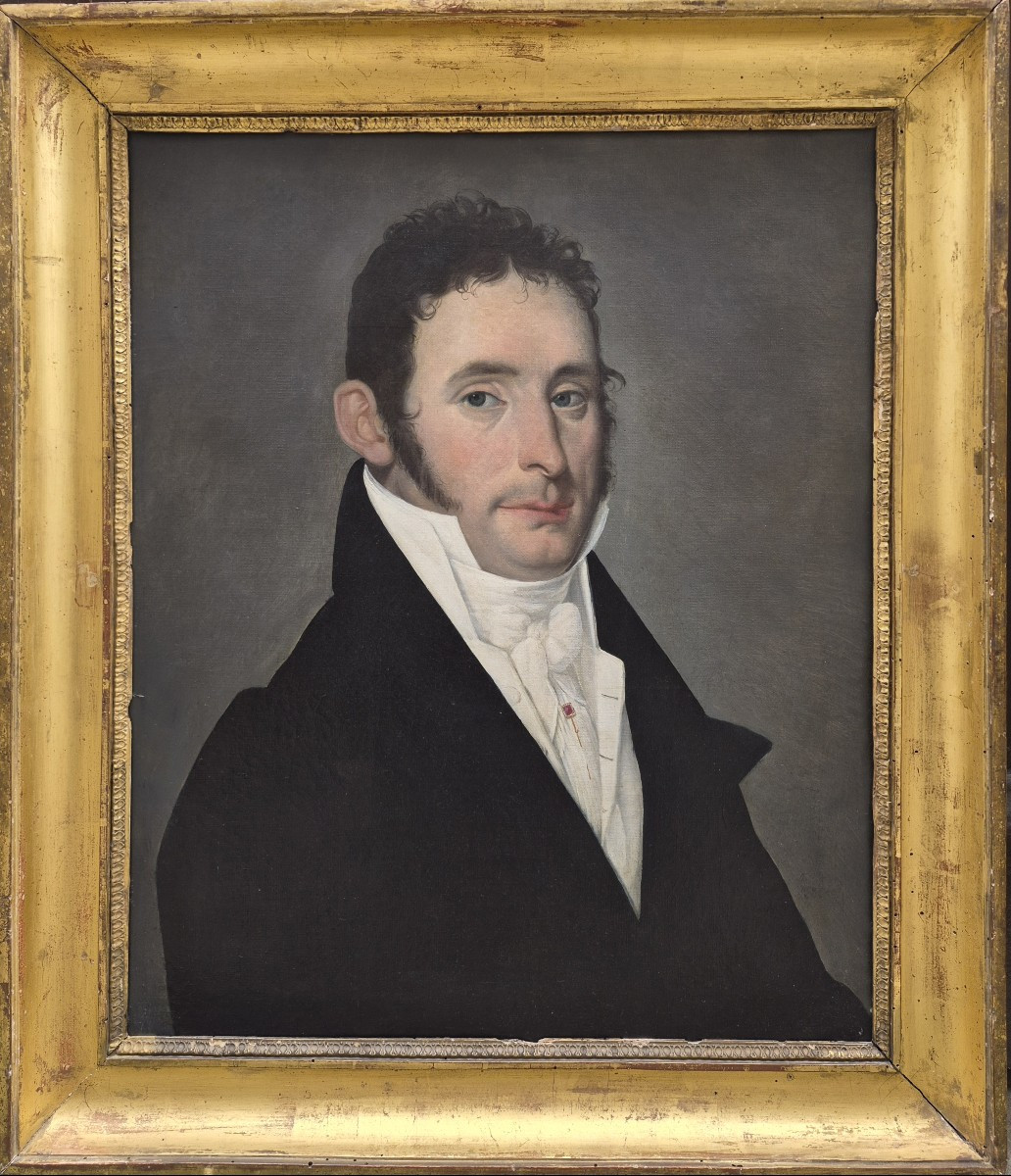 Ecole Française début XIXème siècle, Portrait d'homme à l'épingle au rubis