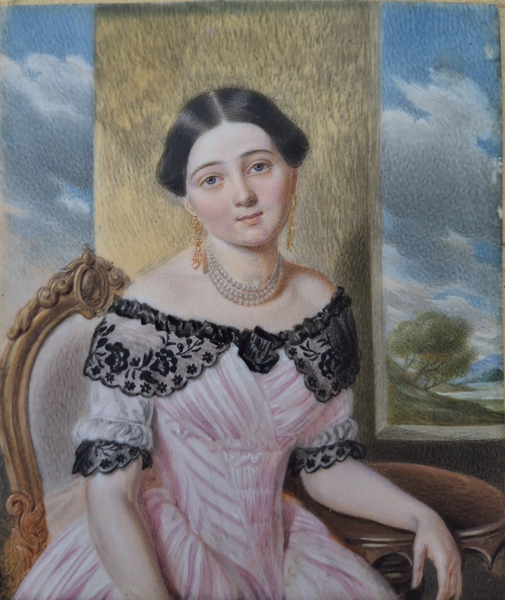Stanislaw MARSZALKIEWICZ (1789-1872), Portrait d'une élégante devant un paysage, miniature-photo-2