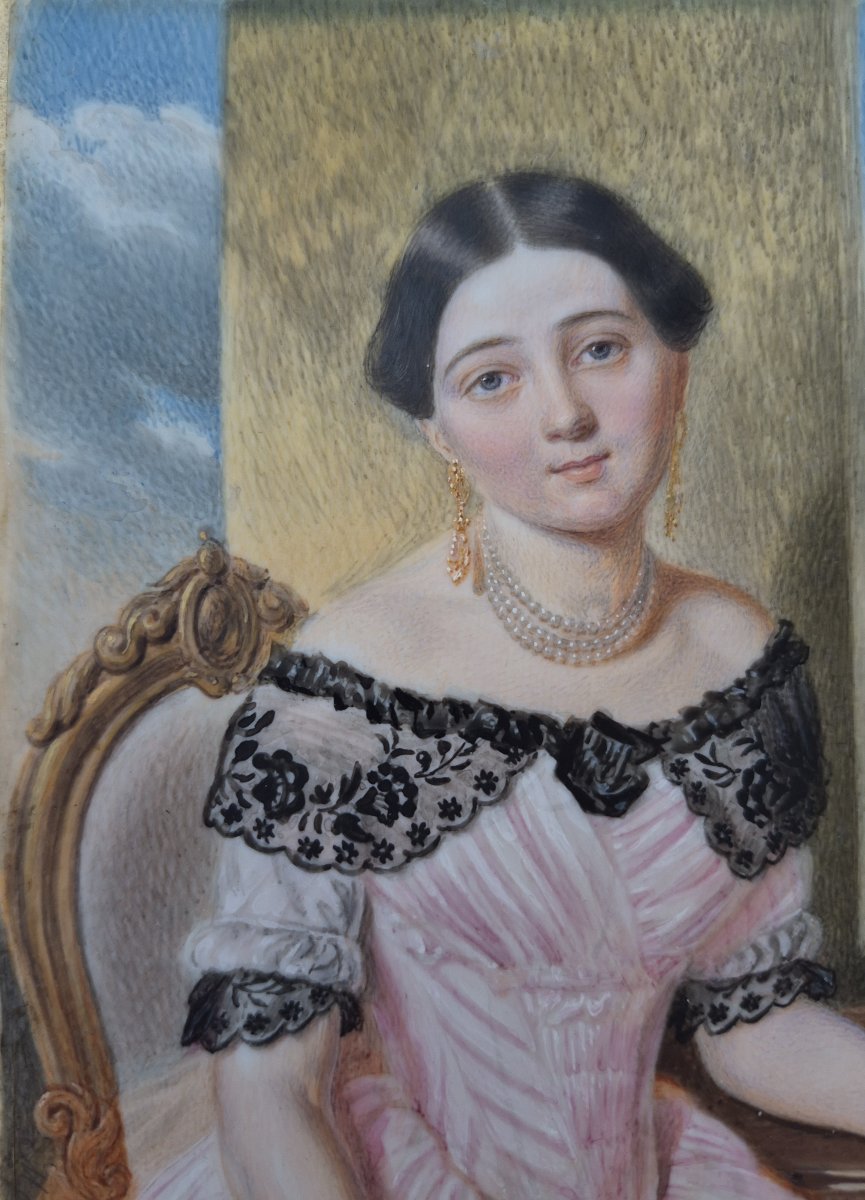 Stanislaw MARSZALKIEWICZ (1789-1872), Portrait d'une élégante devant un paysage, miniature-photo-3