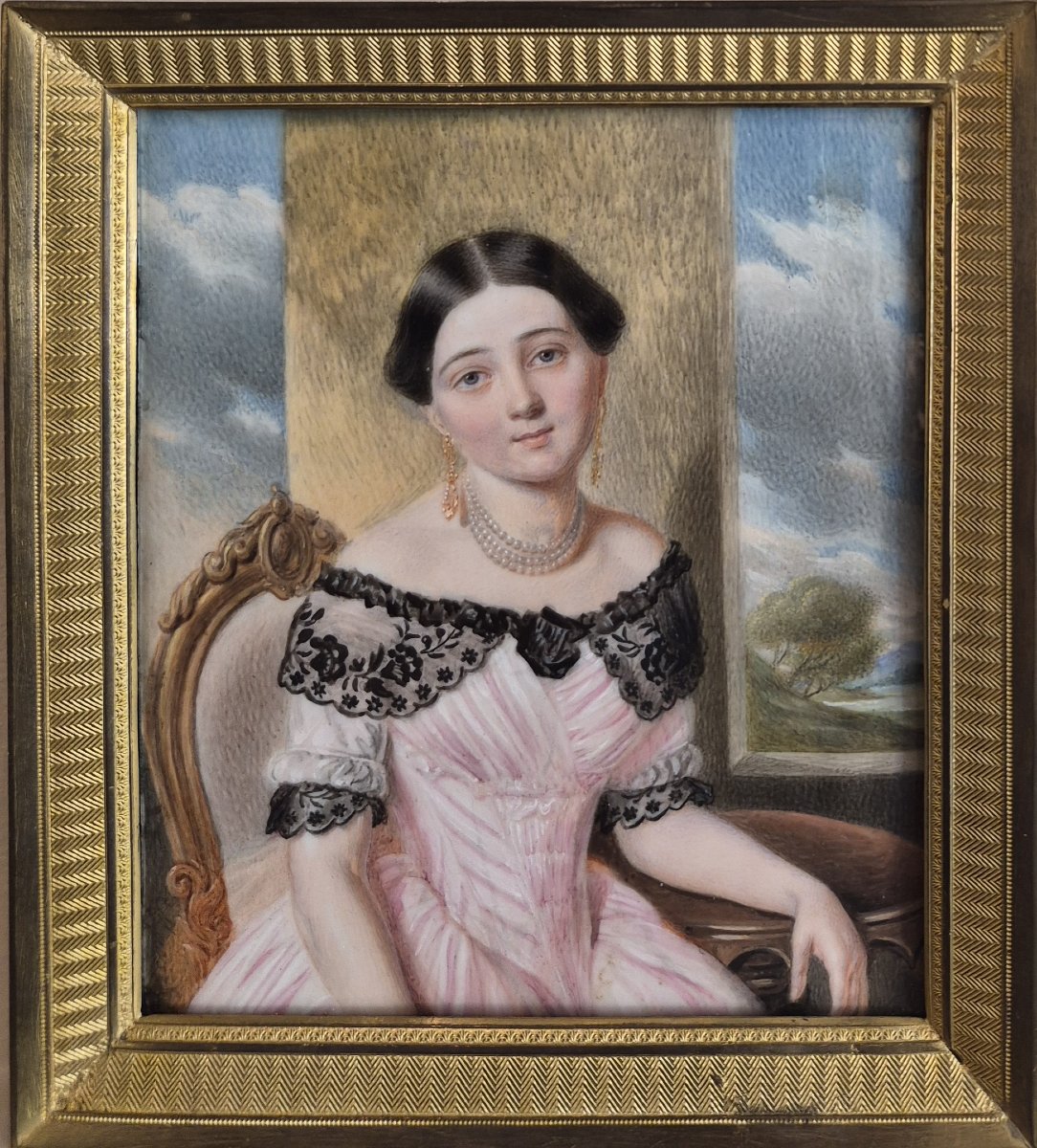 Stanislaw MARSZALKIEWICZ (1789-1872), Portrait d'une élégante devant un paysage, miniature
