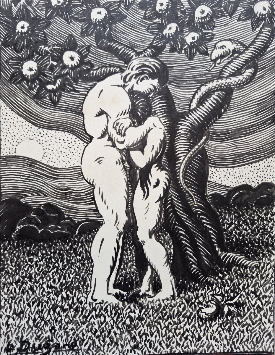 Léon Dugand (1878–1974) Adam And Eve, After The Apple, Ink-photo-2