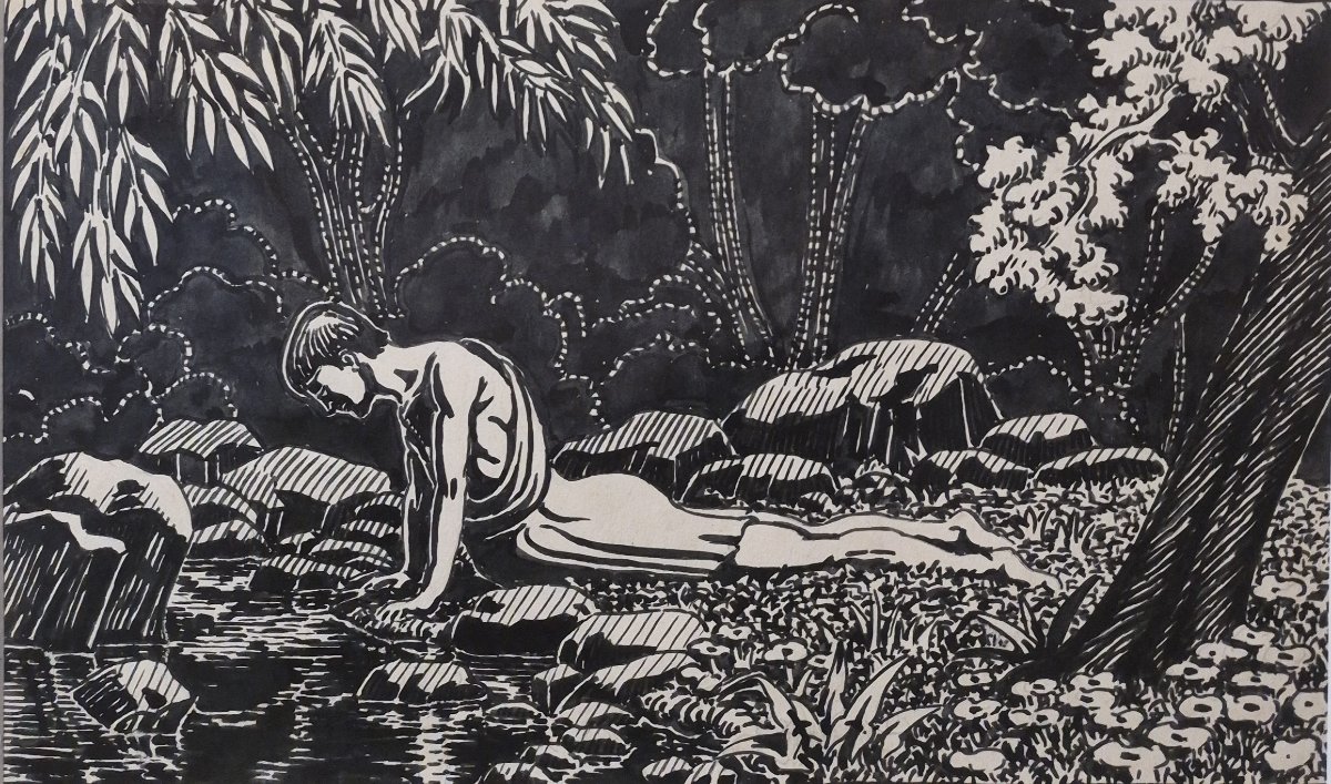 Léon Dugand (1878–1974), *the First Mirror* Or *narcissus*, Ink-photo-2