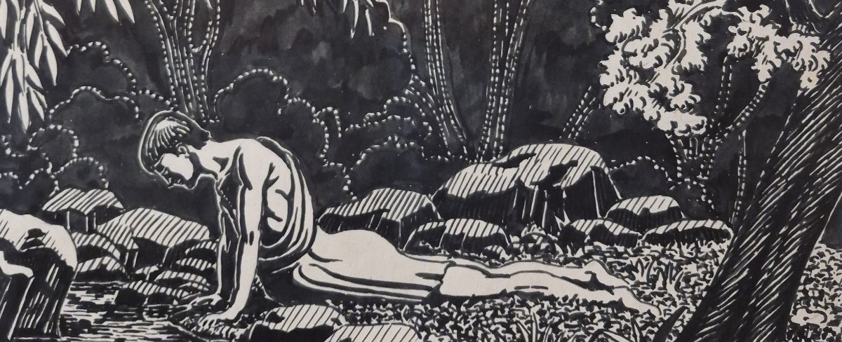 Léon Dugand (1878–1974), *the First Mirror* Or *narcissus*, Ink-photo-3