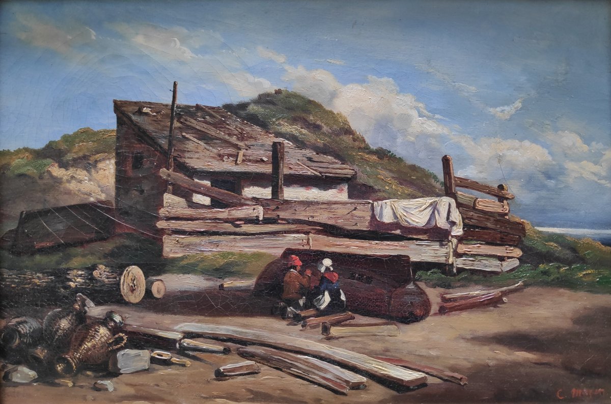Charles Louis Mozin (1806-1862), La Réparation De La Barque, Huile Sur Toile-photo-2