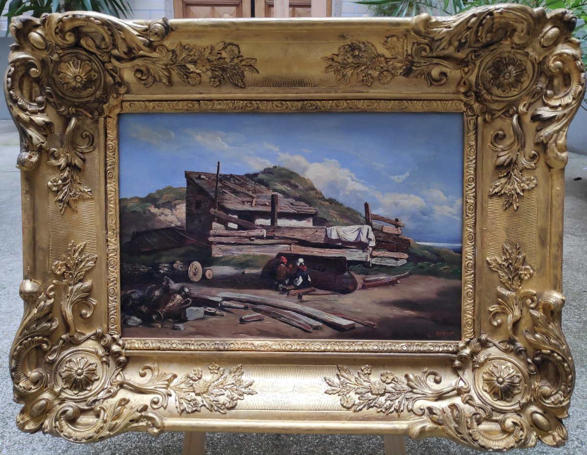 Charles Louis Mozin (1806-1862), La Réparation De La Barque, Huile Sur Toile