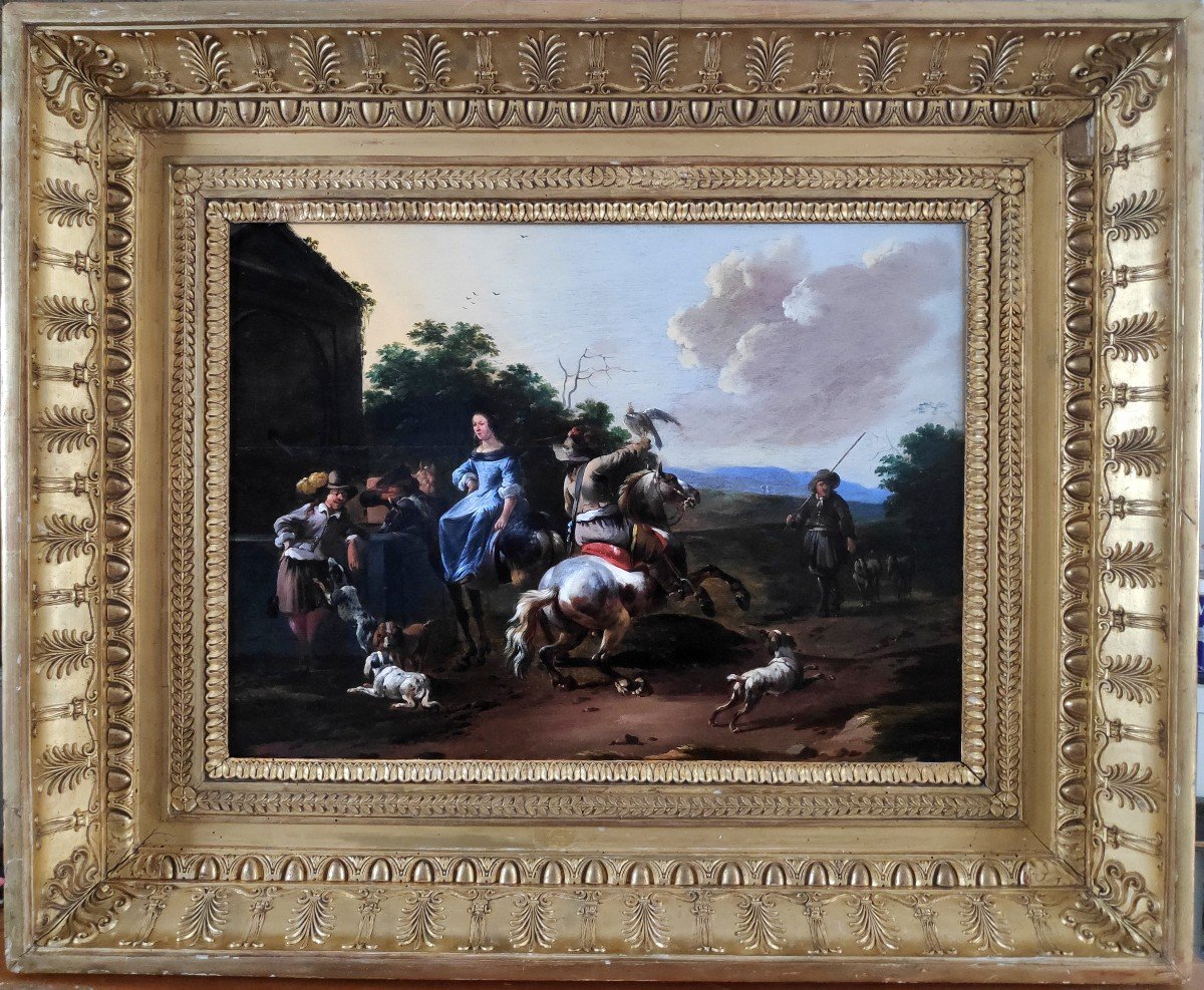 Simon Johannes Van Douw (c.1630-c.1680), The Falconer's Halt, Panel-photo-2