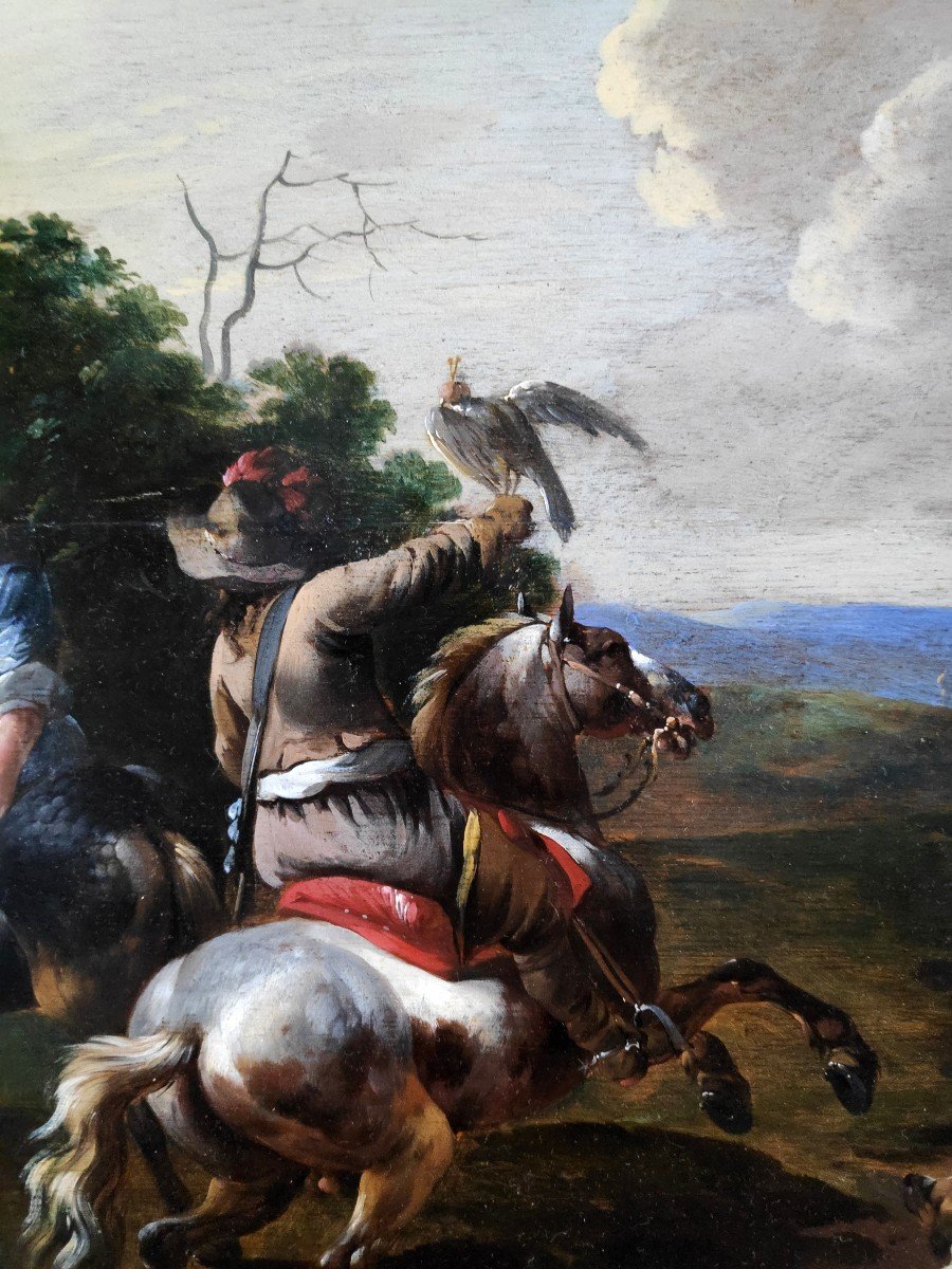 Simon Johannes Van Douw (c.1630-c.1680), The Falconer's Halt, Panel-photo-7