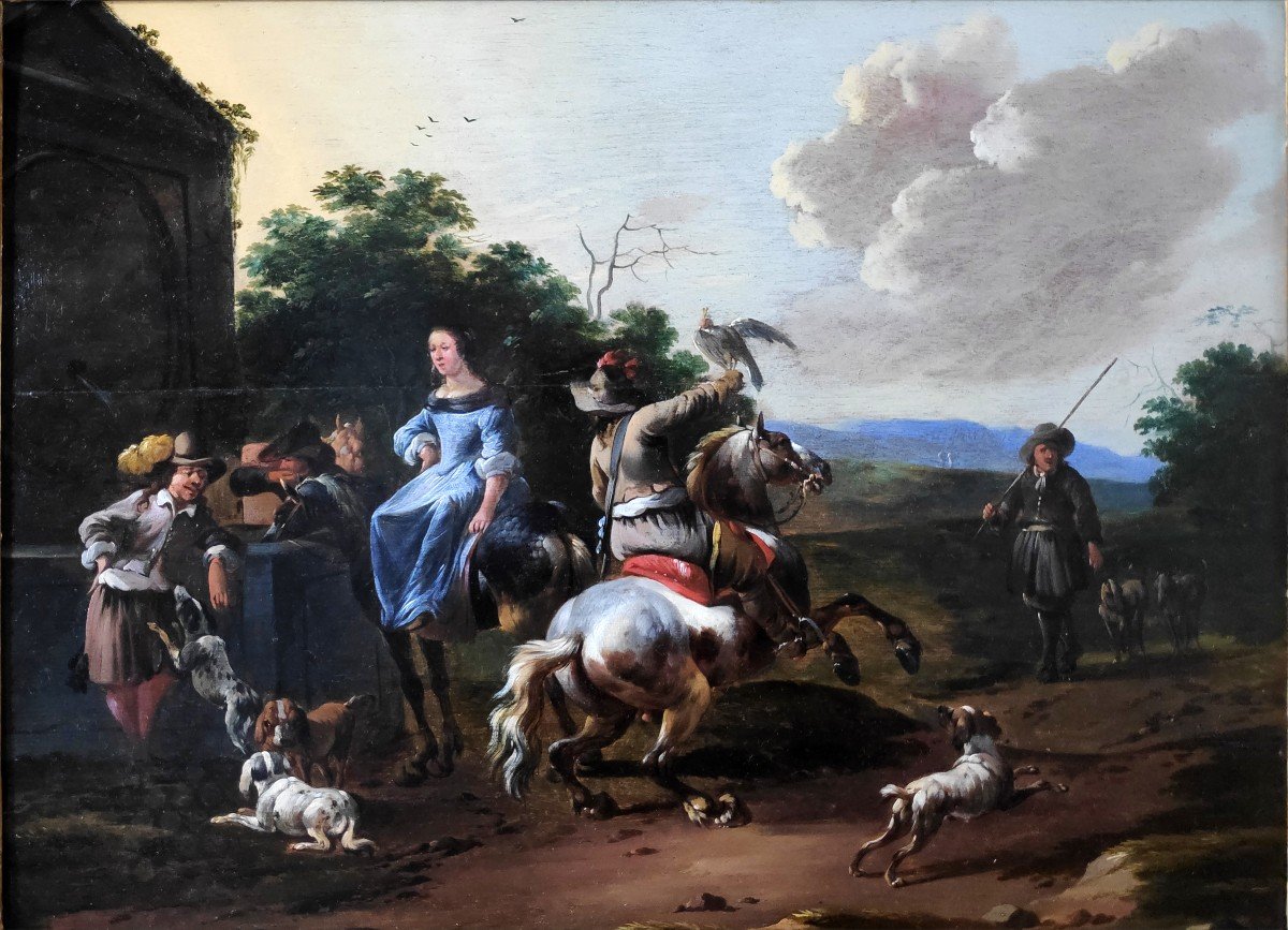 Simon Johannes Van Douw (c.1630-c.1680), The Falconer's Halt, Panel