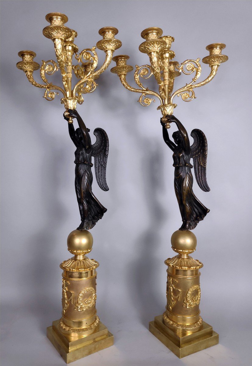 Beautiful Pair Of Candelabra With Winged Victories, Restoration Period-photo-2