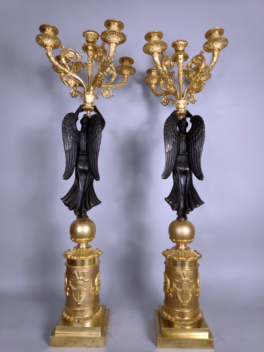 Beautiful Pair Of Candelabra With Winged Victories, Restoration Period-photo-3