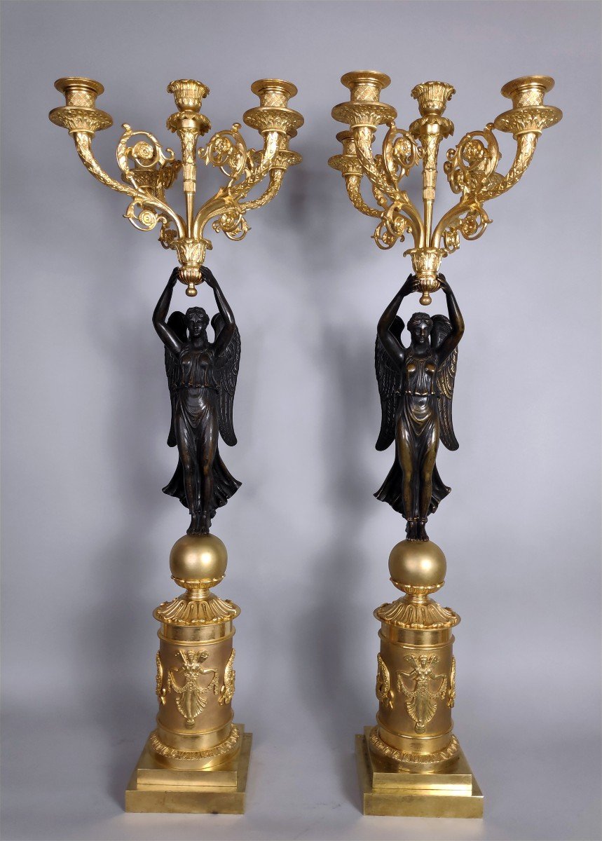 Beautiful Pair Of Candelabra With Winged Victories, Restoration Period