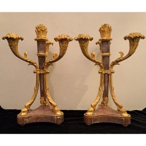 Pair Of Candelabras With Quivers, Napoleon III, Gilt Bronze Marble