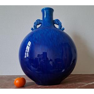 Paul Milet (1870-1930) à Sèvres - Vase Gourde En Porcelaine Bleu