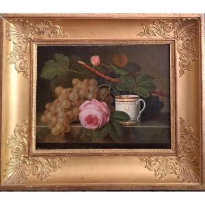 French School XIXth Century, Still Life With Rose, Cup And Grapes, Oil