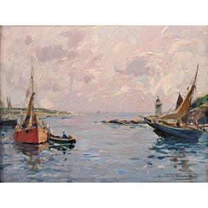 Paul Emile Lecomte (1877-1944), Sortie De Port Avec Phare, Panneau