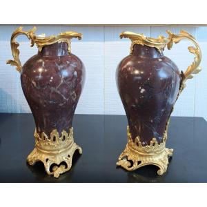 Pair Of Louis XV Style Ewers In Gilt Bronze And Marble, 19th Century