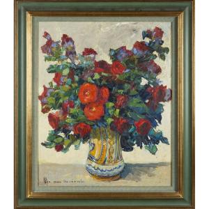 Jacques VAN DEN BUSSCHE (1925-2001), bouquet de roses rouges dans un albarello