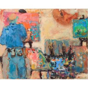 Robert DELVAL (1934-2024), l'artiste dans son atelier, huile