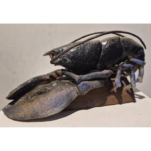 Bruno Ronzier (XXème siècle), homard bleu sur tuile, pièce unique