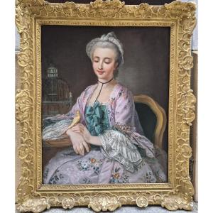 Ecole Française du XVIIIème siècle, portrait de femme à l'oiseau