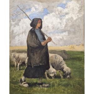 Ecole Française du XIXème siècle, Bergère et ses moutons, Barbizon