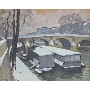 Marcel Belle (1871-1948),  Vue De Paris et du pont Neuf sous la neige, Marquet