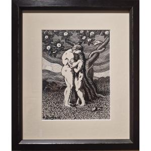 Léon Dugand (1878-1974) Adam et Eve, après la pomme, encre