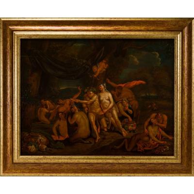 Attribué à Frans Bartholomeus Douven (1688-1726), Bacchanale, Huile Sur Panneau.