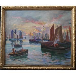 Gaston Pottier (1885-1980), Departure From Port, Oil On Canvas