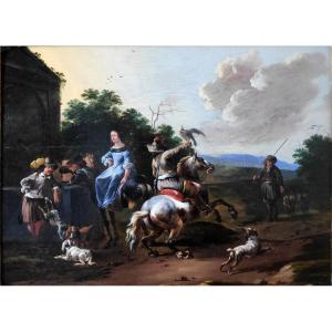Simon Johannes Van Douw (c.1630-c.1680), La Halte Du Fauconnier, Panneau