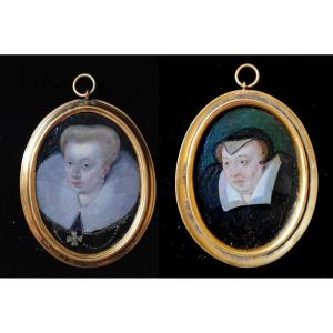 Rare Double Portrait Miniature De Louise De Lorraine Et Catherine De Médicis