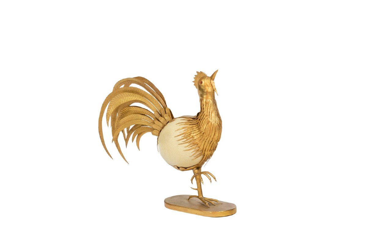 Coq En Oeuf D’autruche Et Laiton Doré, Années 1970, Ls5591125d