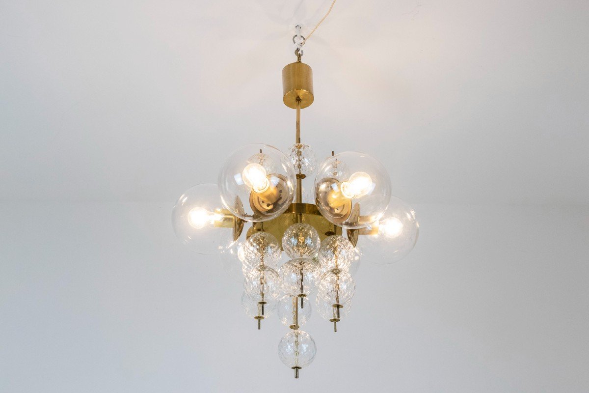 Chandelier In Golden Brass And Blown Glass, 1970s, Ls56693600a-photo-2
