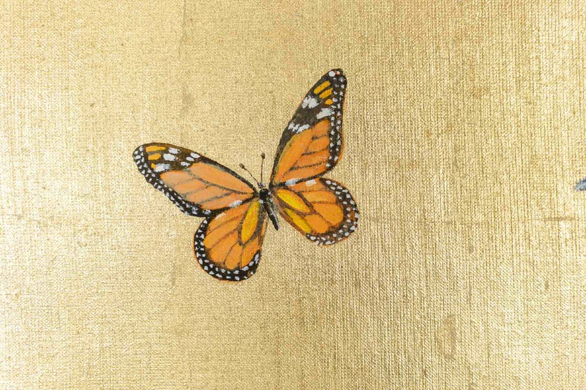 Toile Peinte à Décor De Feuilles, Papillons Et Oiseaux, Travail Contemporain, Ls56391267g-photo-3