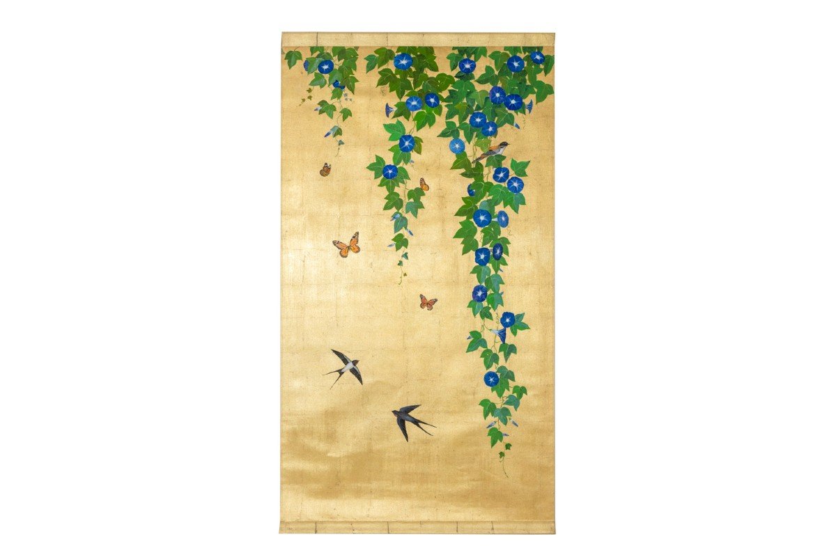 Toile Peinte à Décor De Feuilles, Papillons Et Oiseaux, Travail Contemporain, Ls56391267g