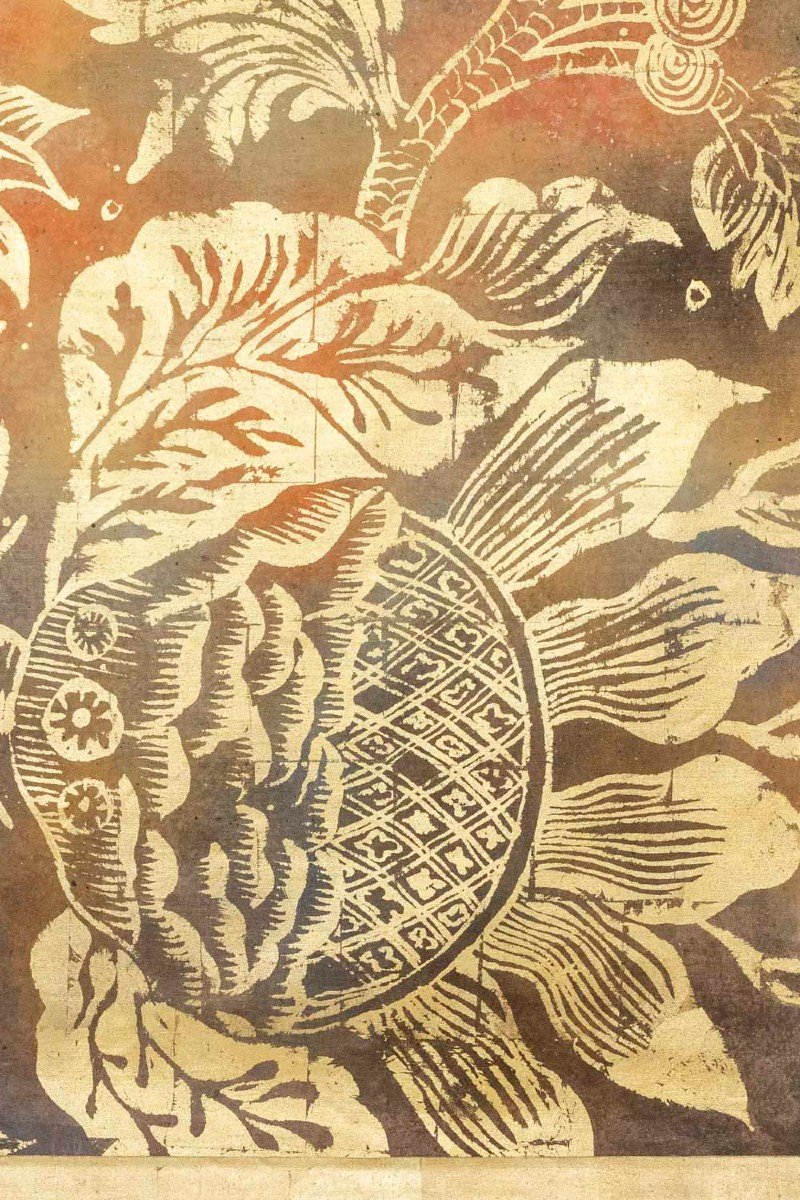 Painted Canvas Decorated With Golden Flowers, Contemporary Work-photo-2