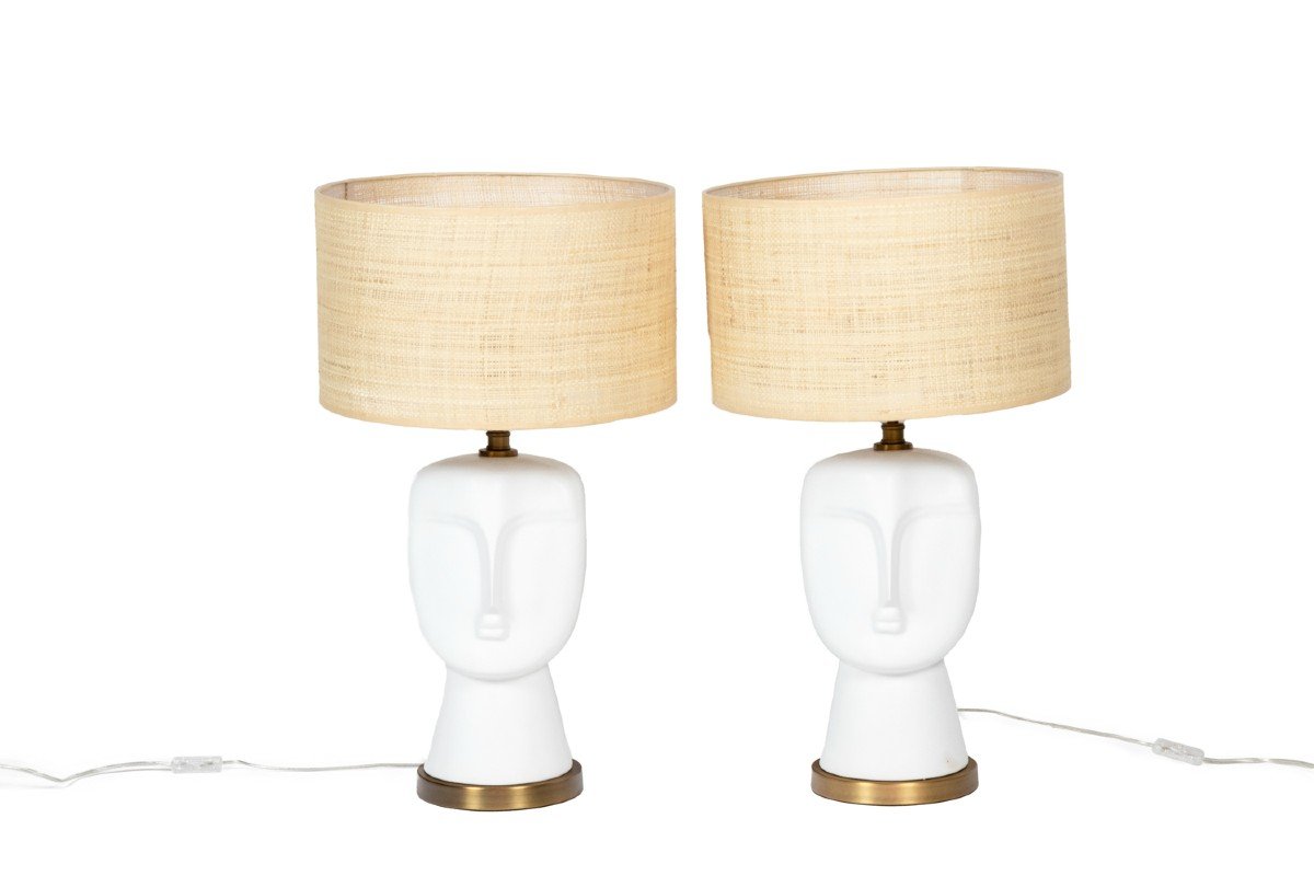 Pair Of White And Matte Opaline Lamps, 20th Century, Ls5726709b