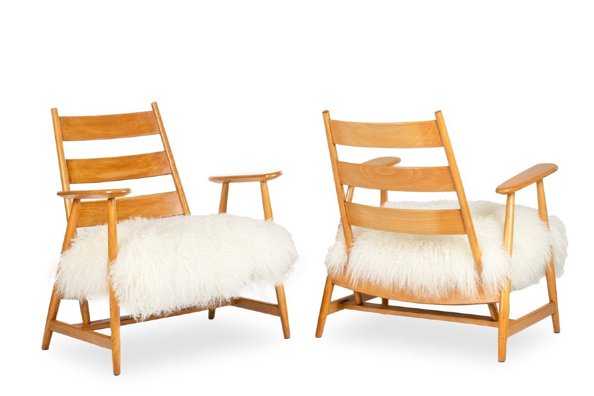 Paire De Fauteuils « Lounge » En Hêtre Blond. Années 1950
