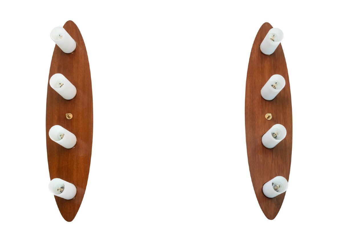 Maison Arlus, Pair Of Mahogany And Opaline Sconces. 1960s.