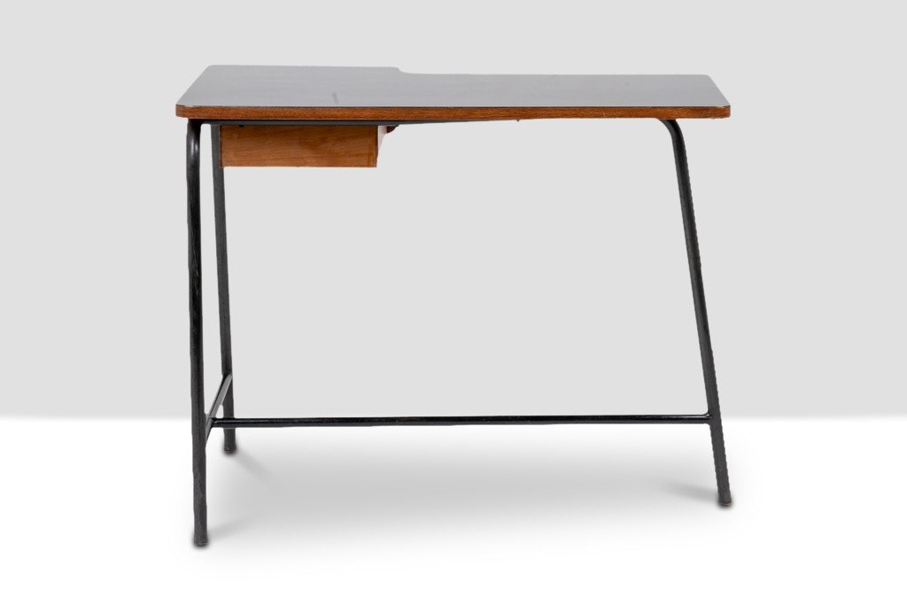 Jacques Hitier For Mbo, Desk In Oak And Black Metal, Year 1951-photo-2