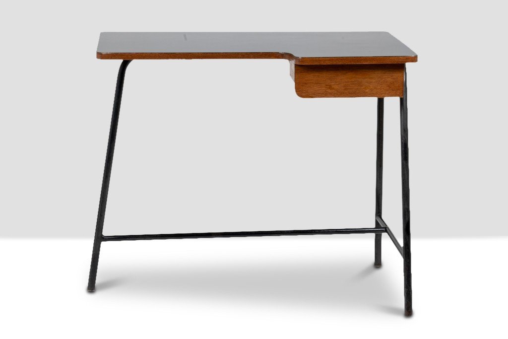 Jacques Hitier For Mbo, Desk In Oak And Black Metal, Year 1951-photo-3
