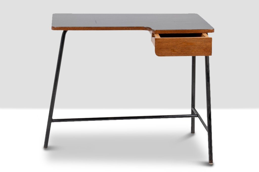Jacques Hitier For Mbo, Desk In Oak And Black Metal, Year 1951-photo-2