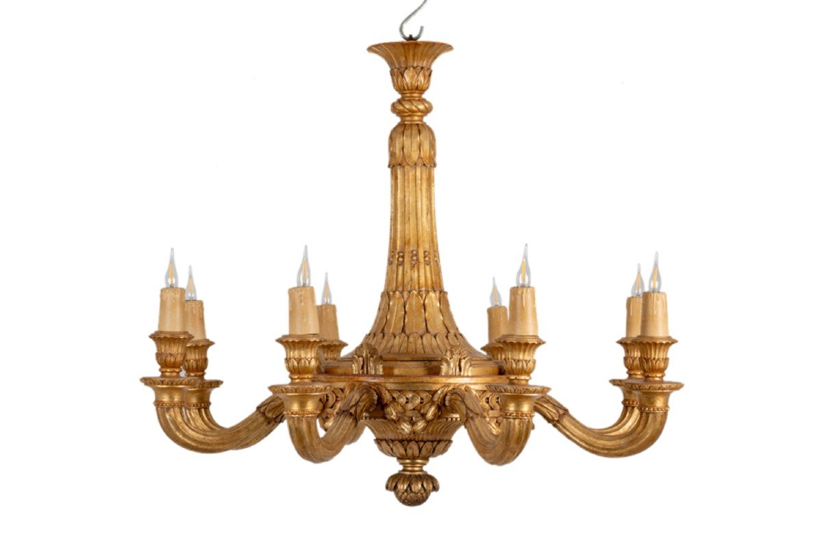 Dumez, Louis XVI Style Chandelier In Carved And Gilded Wood. 1950s.