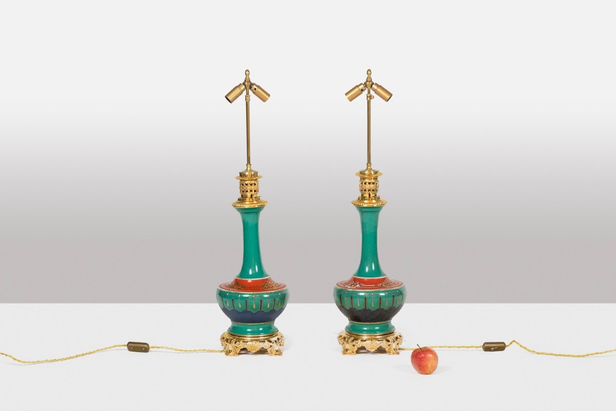 Pair Of Paris Porcelain And Gilt Bronze Lamps. Circa 1850.-photo-2