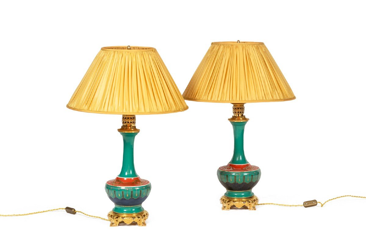 Pair Of Paris Porcelain And Gilt Bronze Lamps. Circa 1850.