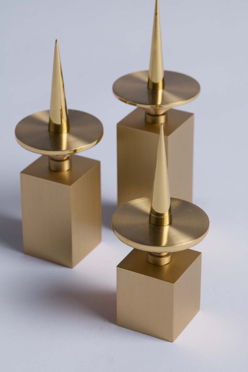 Set Of 3 Candlesticks In Gilt Brass. Contemporary Work. Ls5958172t-photo-2