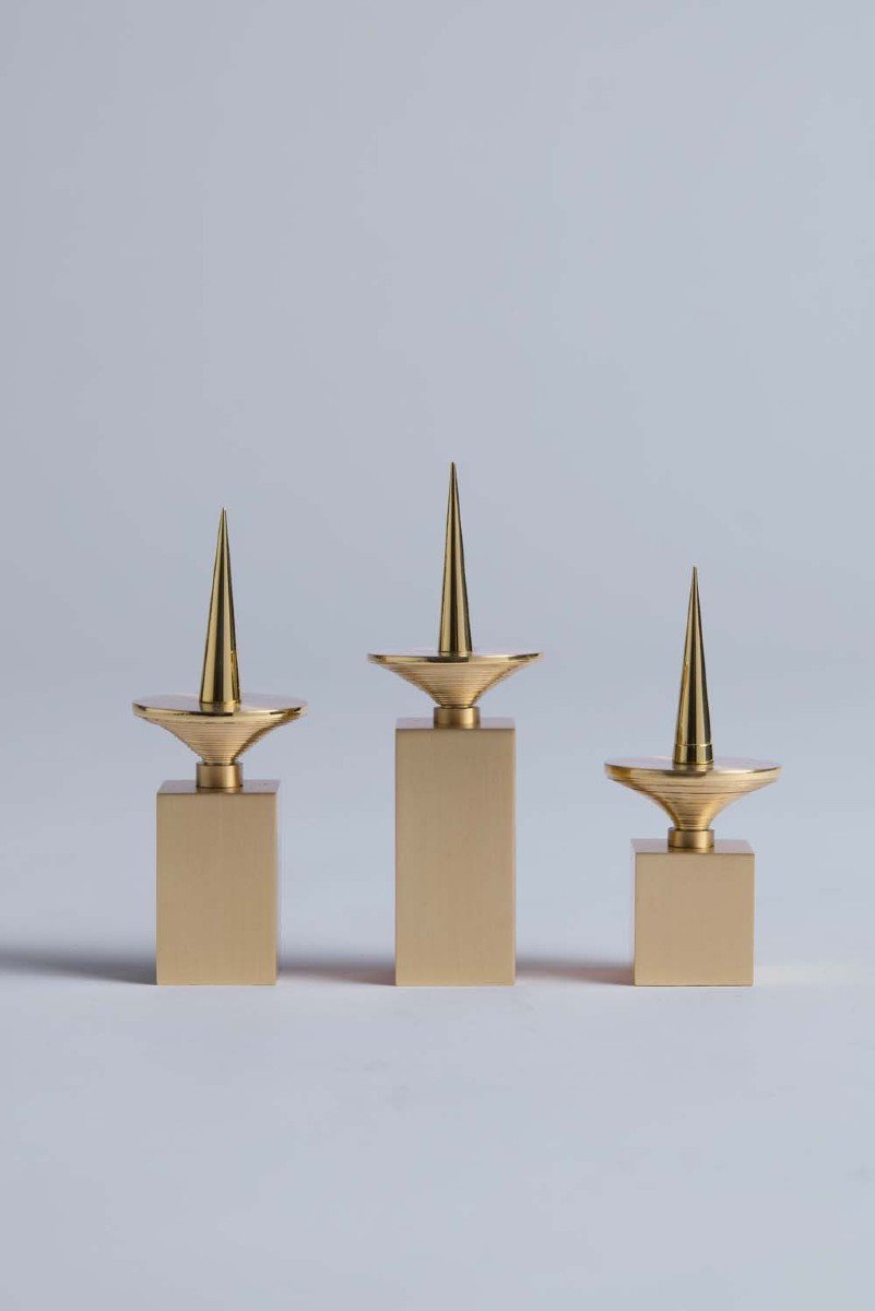 Set Of 3 Candlesticks In Gilt Brass. Contemporary Work. Ls5958172t-photo-7