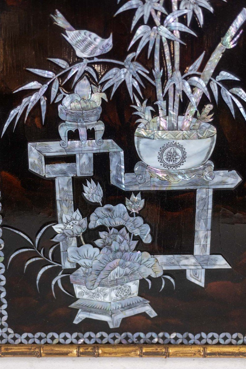 Set Of Four Asian Style Lacquer Panels. 1950s.-photo-5