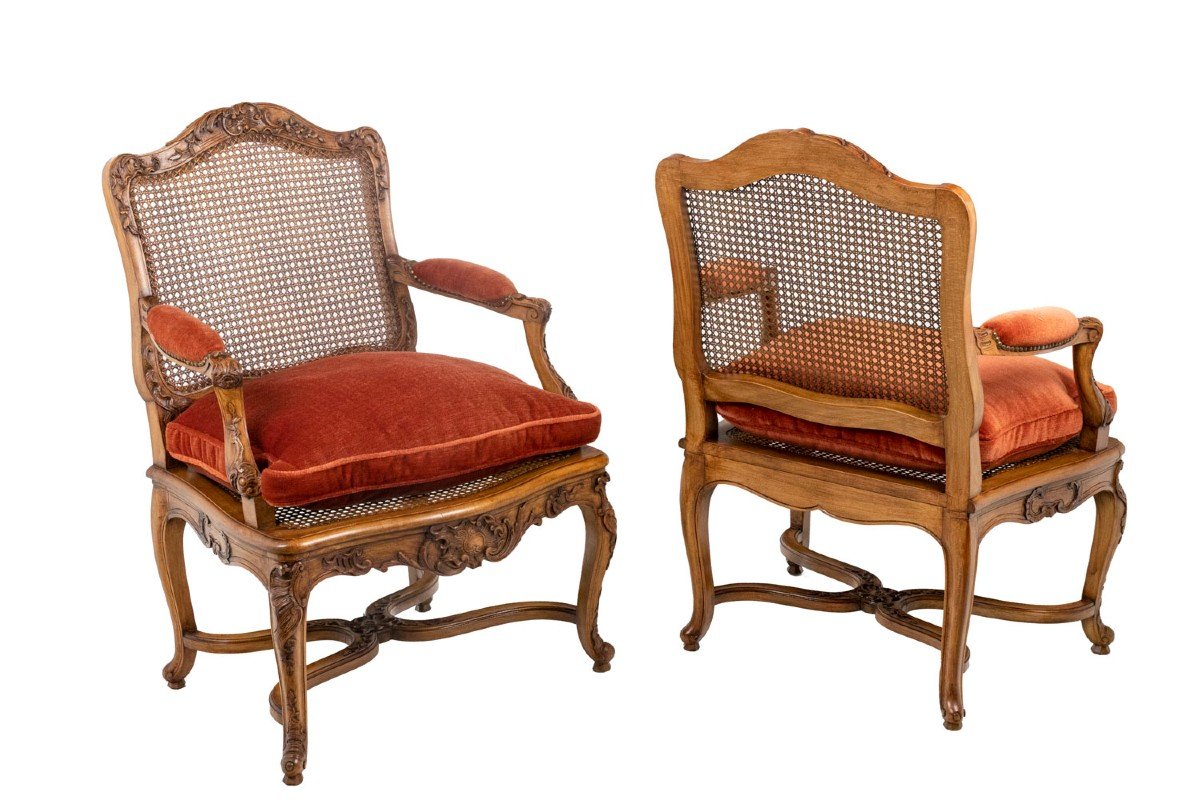 Jean Mocqué, Pair Of Regency Style Cane Armchairs, 20th Century, Ls4699701